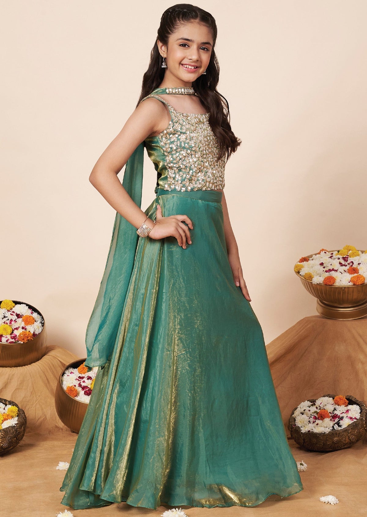 Green Tissue Girls Ghagra Choli
