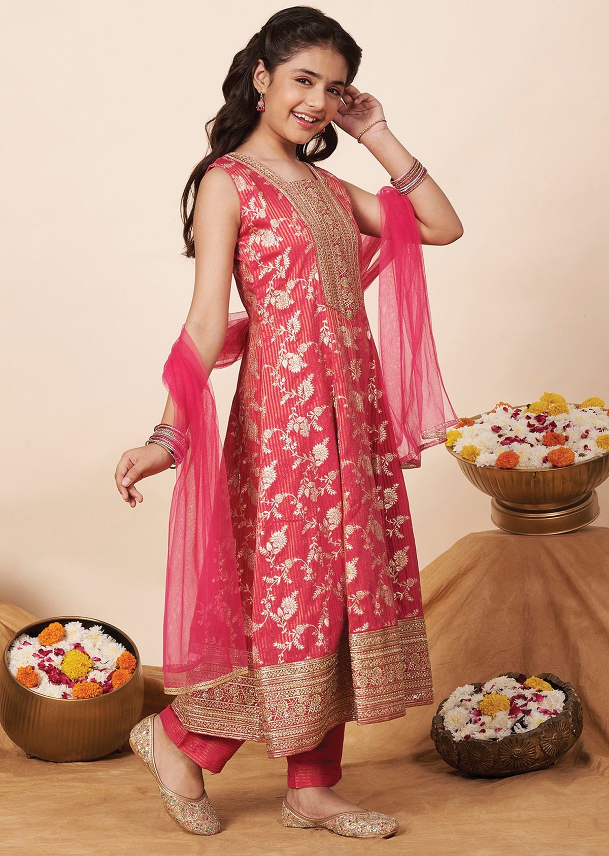 Rani Pink Banaras Girls Anarkali