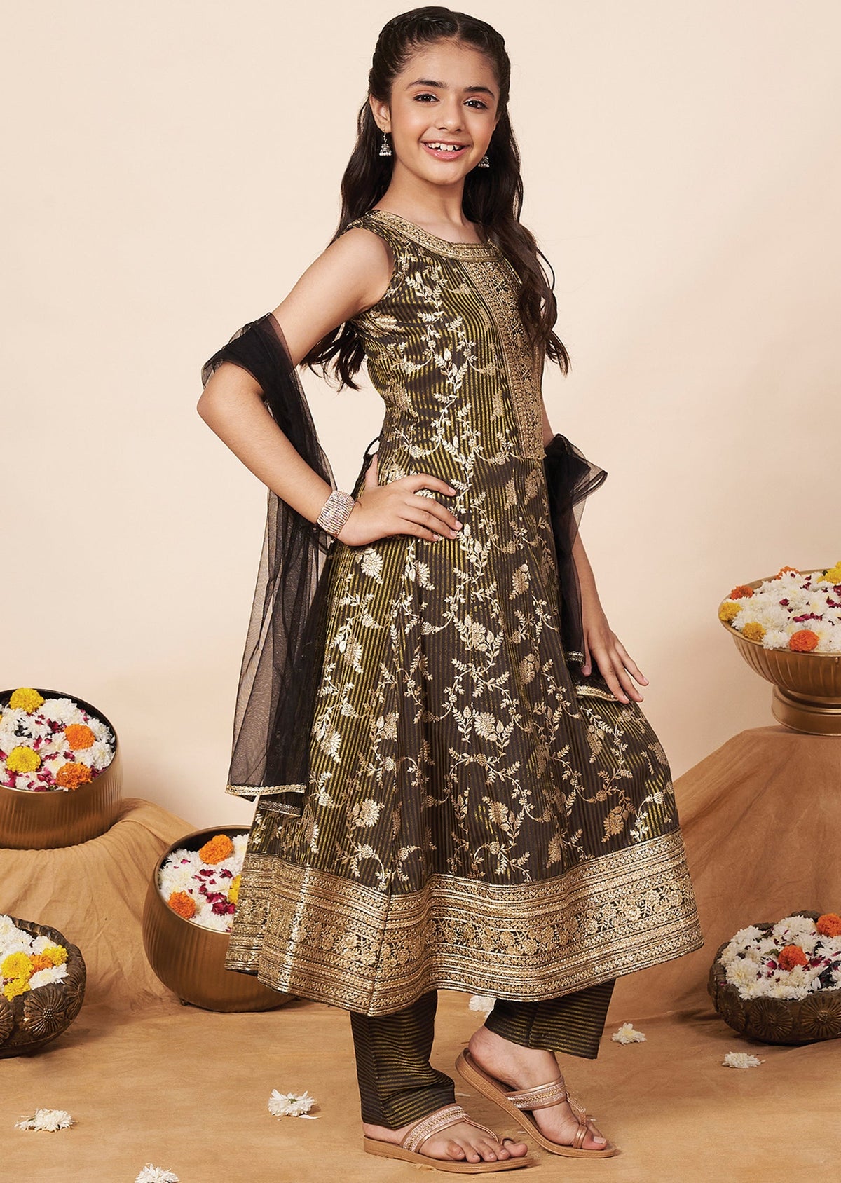 Dark Grey Banaras Girls Anarkali