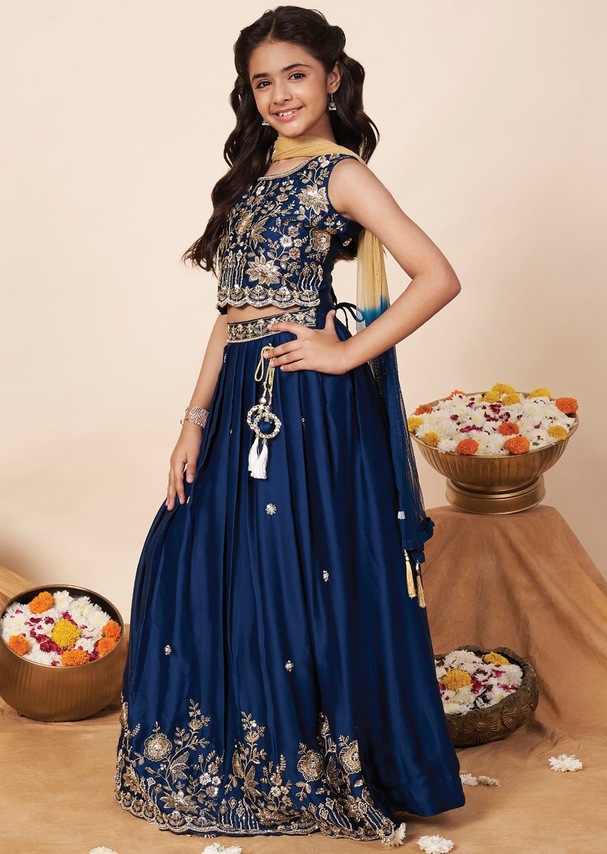 Teal Blue Chiffon Girls Ghagra Choli