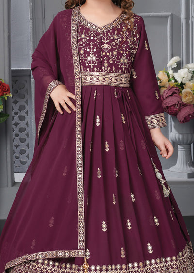 Wine Silk Arnakali Suit for Kids