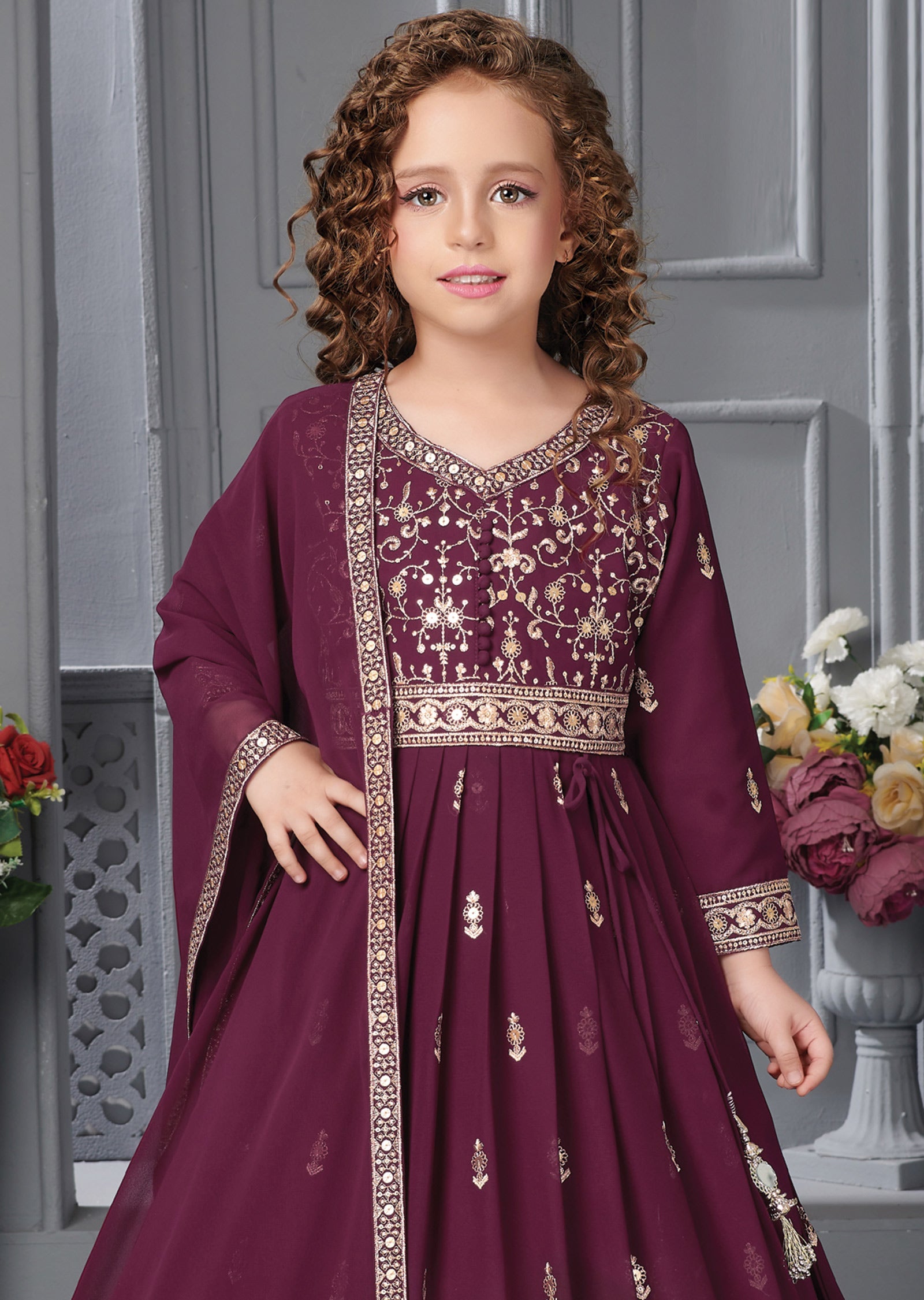 Wine Silk Arnakali Suit for Kids