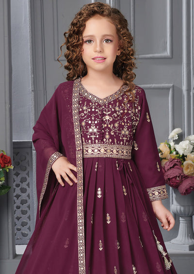 Wine Silk Arnakali Suit for Kids