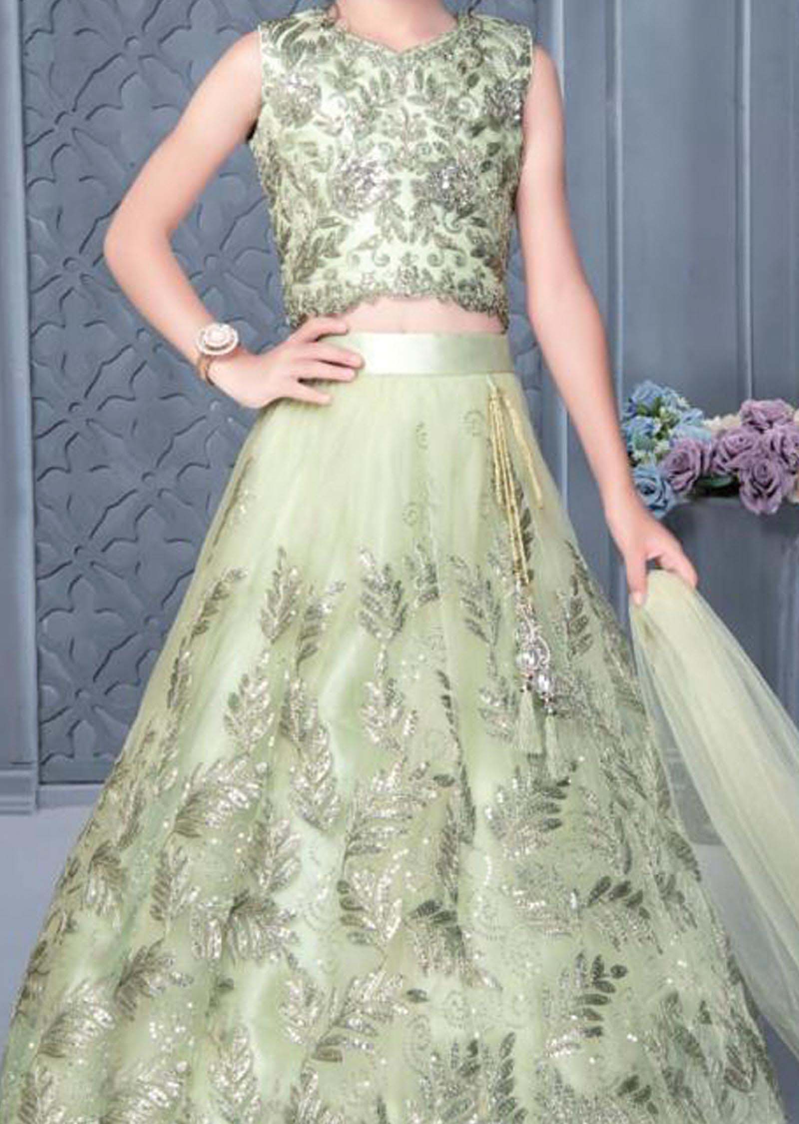 Pista Green Net Kids Lehenga