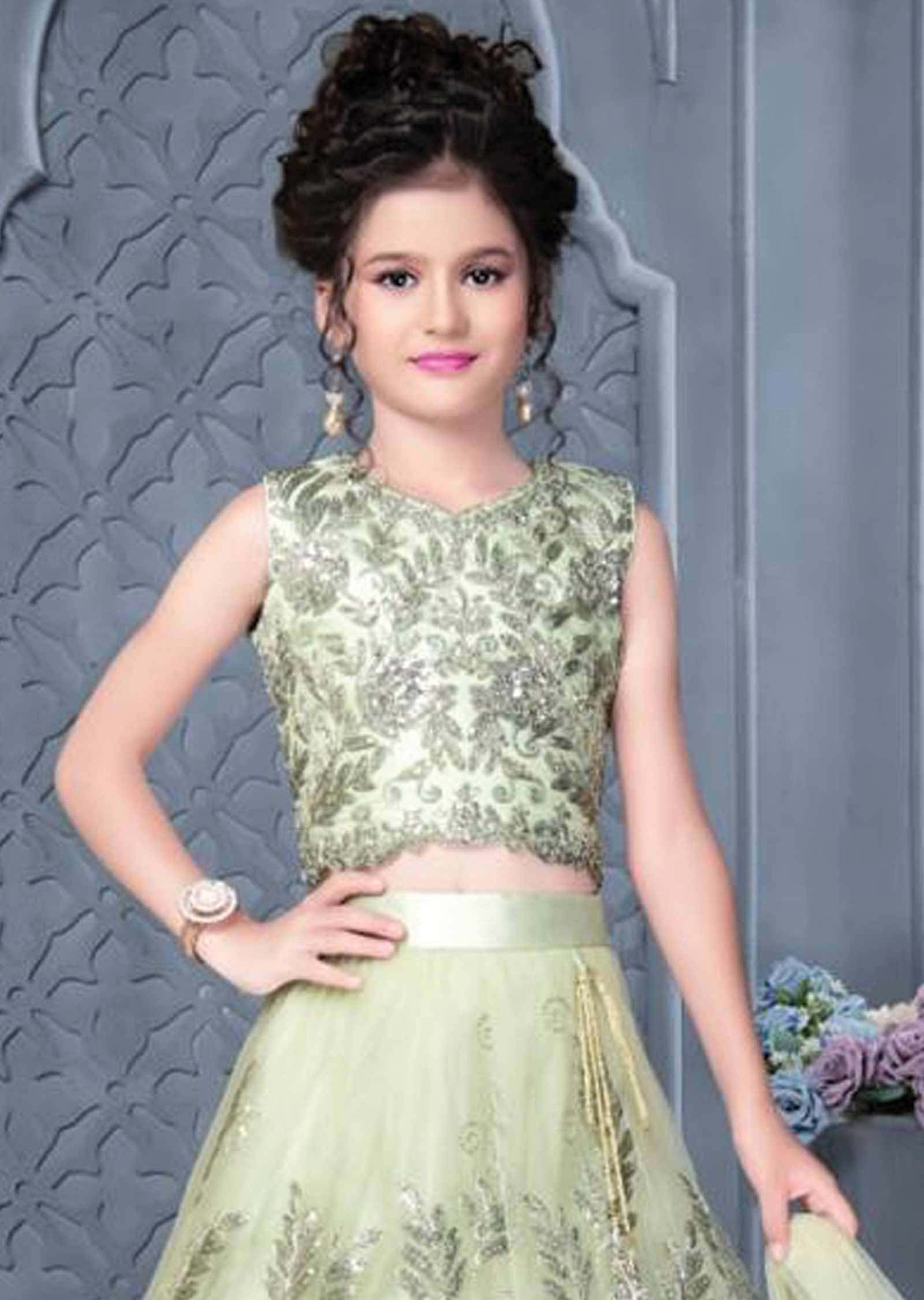 Pista Green Net Kids Lehenga