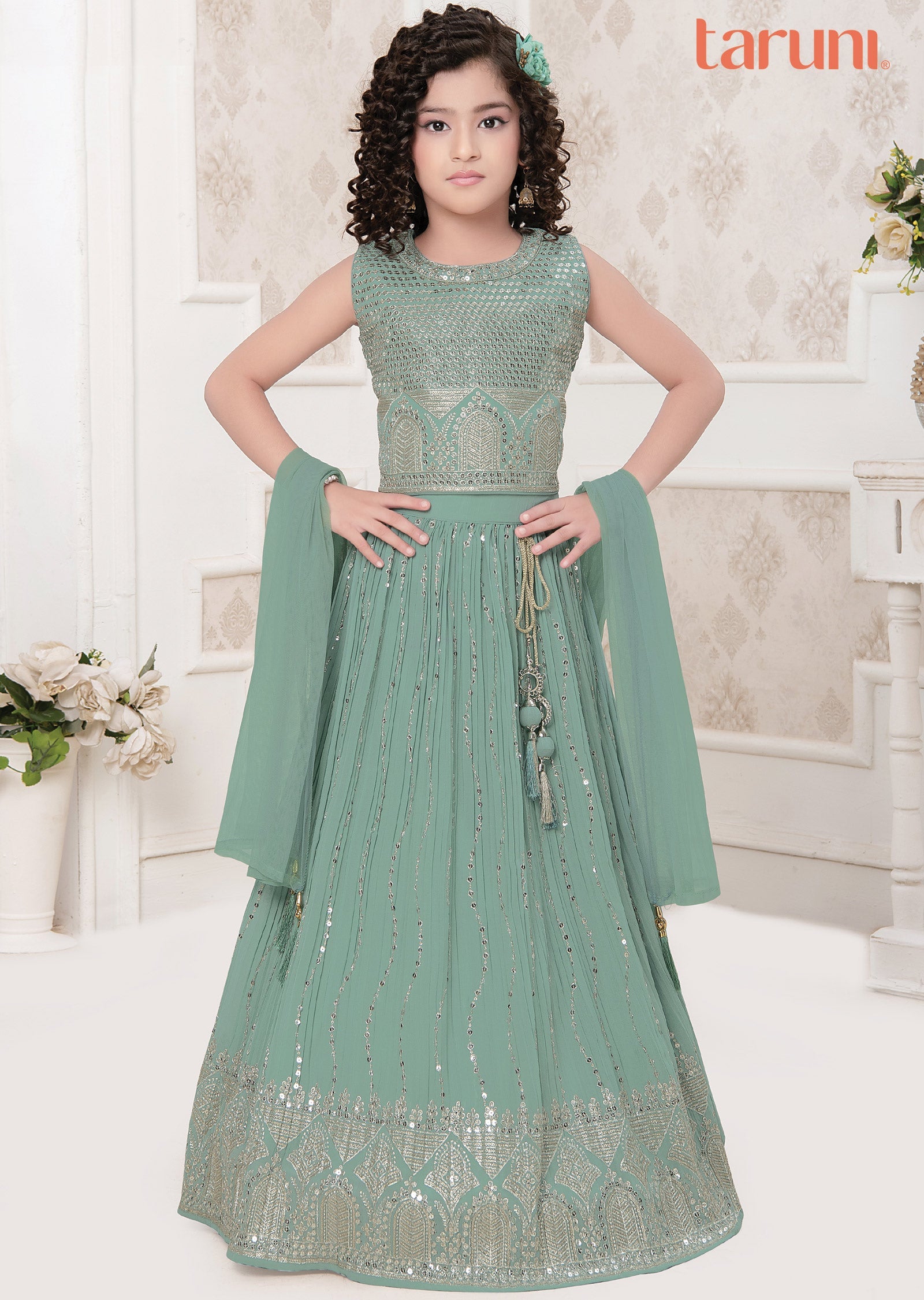 Dusty Green Georgette Kids lehenga