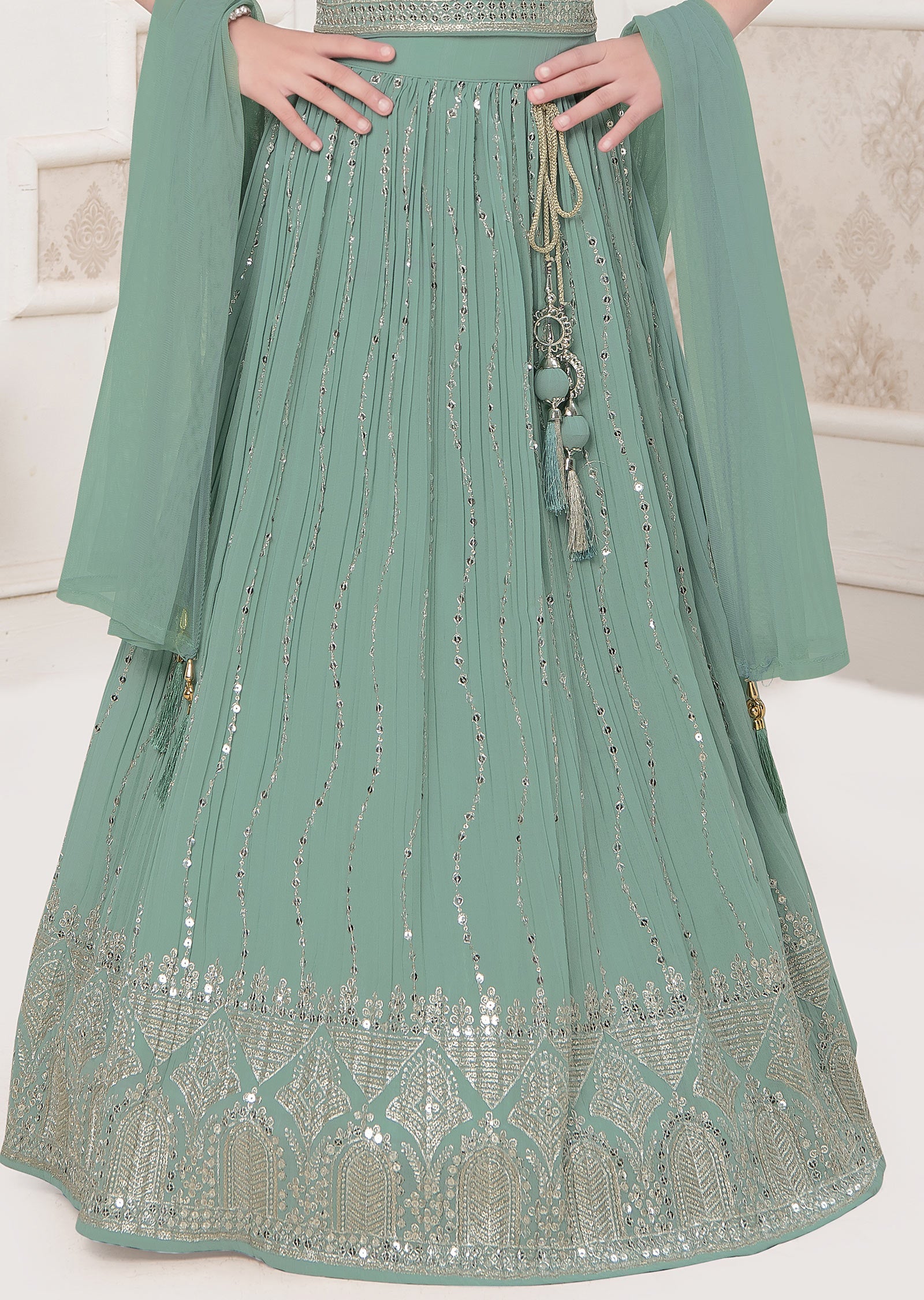 Dusty Green Georgette Kids lehenga
