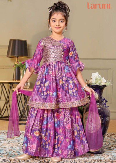 Purple Chinnon Printed Kids Shararas Ghararas