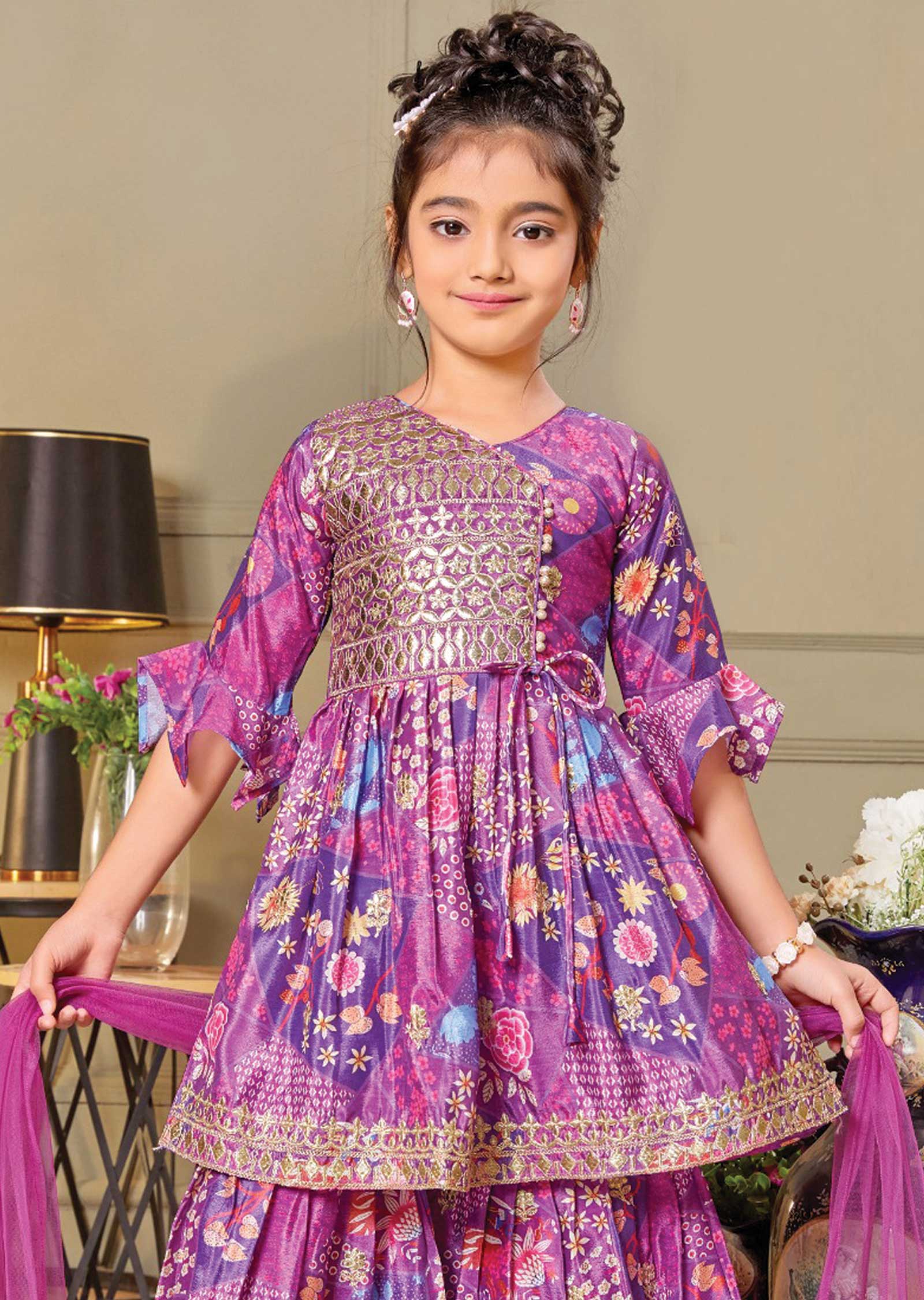 Purple Chinnon Printed Kids Shararas Ghararas