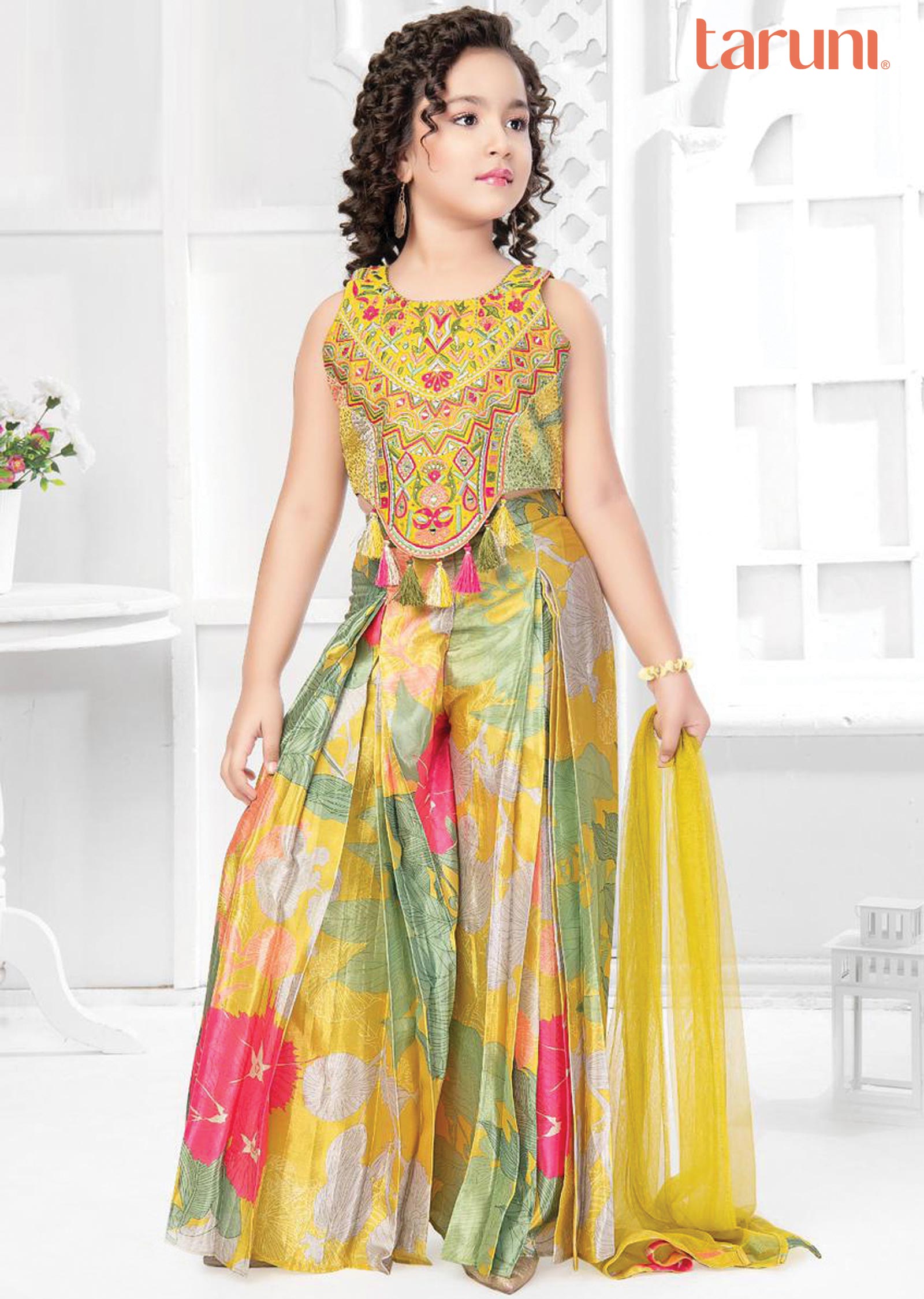 Lime Green Silk/Chinnon/Net Embroidered Kids Shararas Ghararas