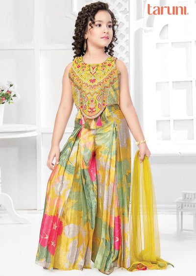 Lime Green Silk/Chinnon/Net Embroidered Kids Shararas Ghararas