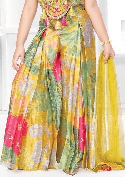 Lime Green Silk/Chinnon/Net Embroidered Kids Shararas Ghararas