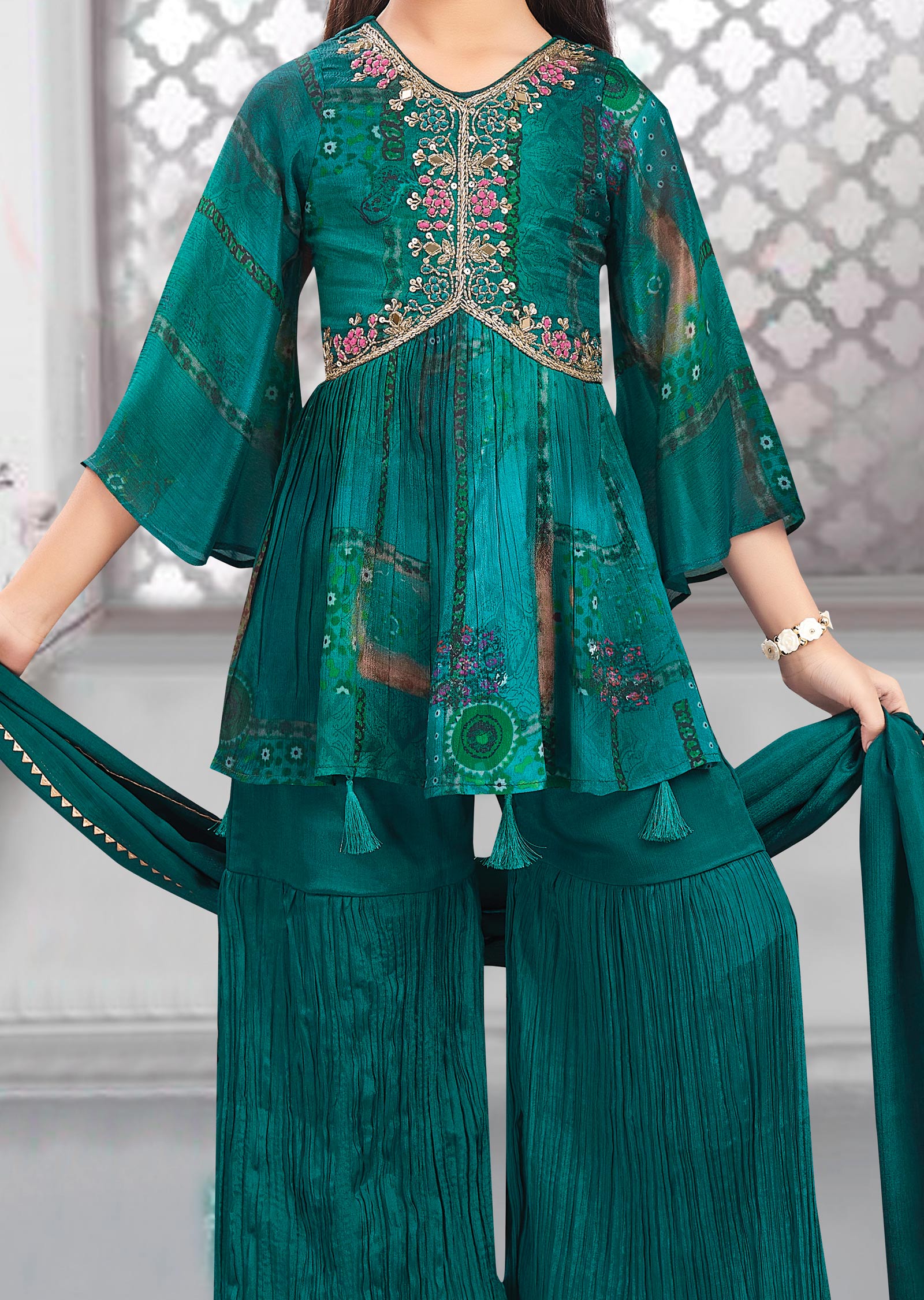 Pickock Green Chinnon Embroidered Kids Shararas Ghararas
