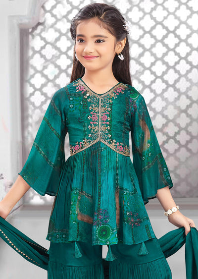 Pickock Green Chinnon Embroidered Kids Shararas Ghararas
