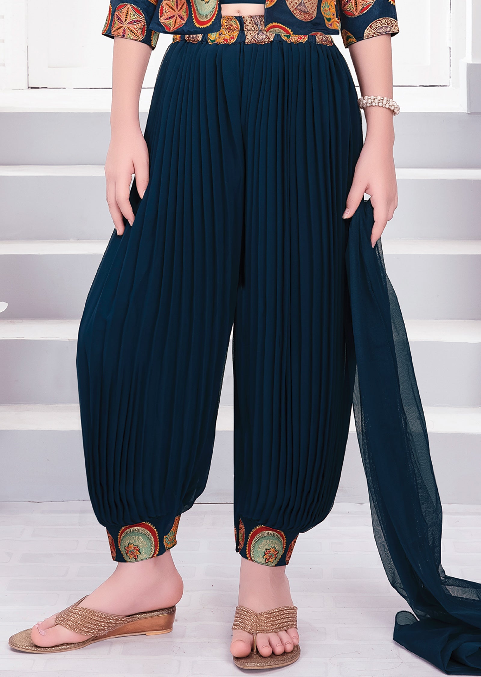 Teal Blue Georgette Co-ord Set for Kids with Short Jacket