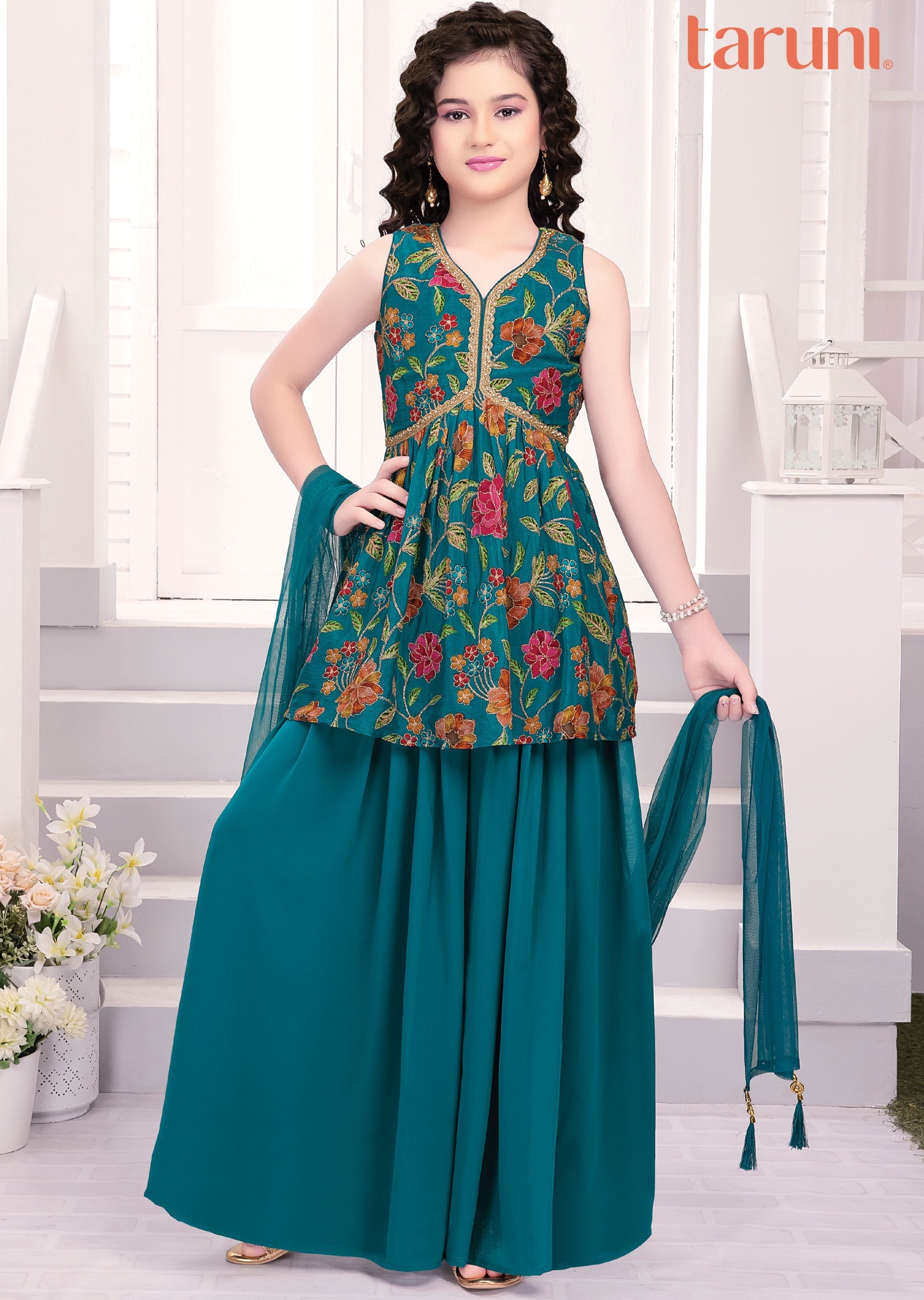 Rama Green Chinnon & Georgette Sharara Set for Kids