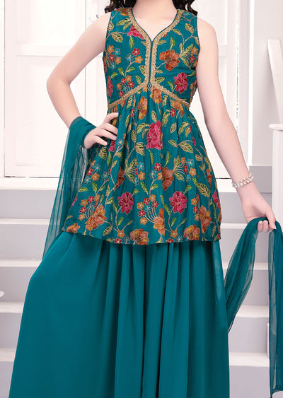 Rama Green Chinnon & Georgette Sharara Set for Kids