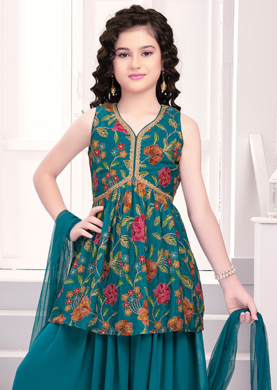 Rama Green Chinnon & Georgette Sharara Set for Kids