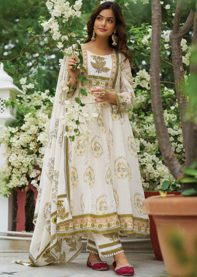 Off White & Yellow Cotton Anarkali Suit