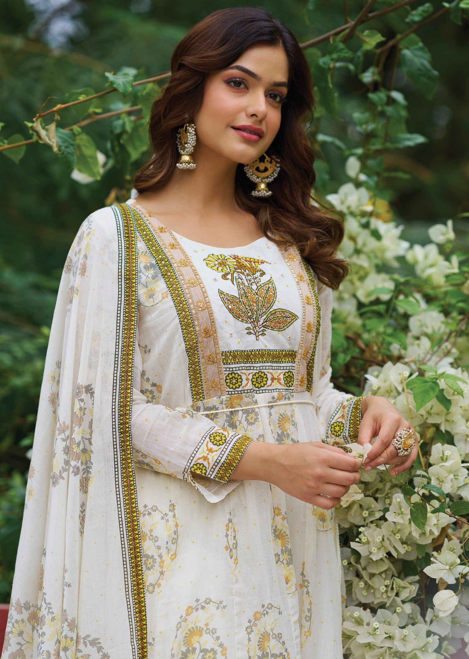 Off White & Yellow Cotton Anarkali Suit