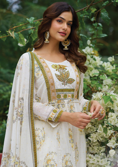 Off White & Yellow Cotton Anarkali Suit