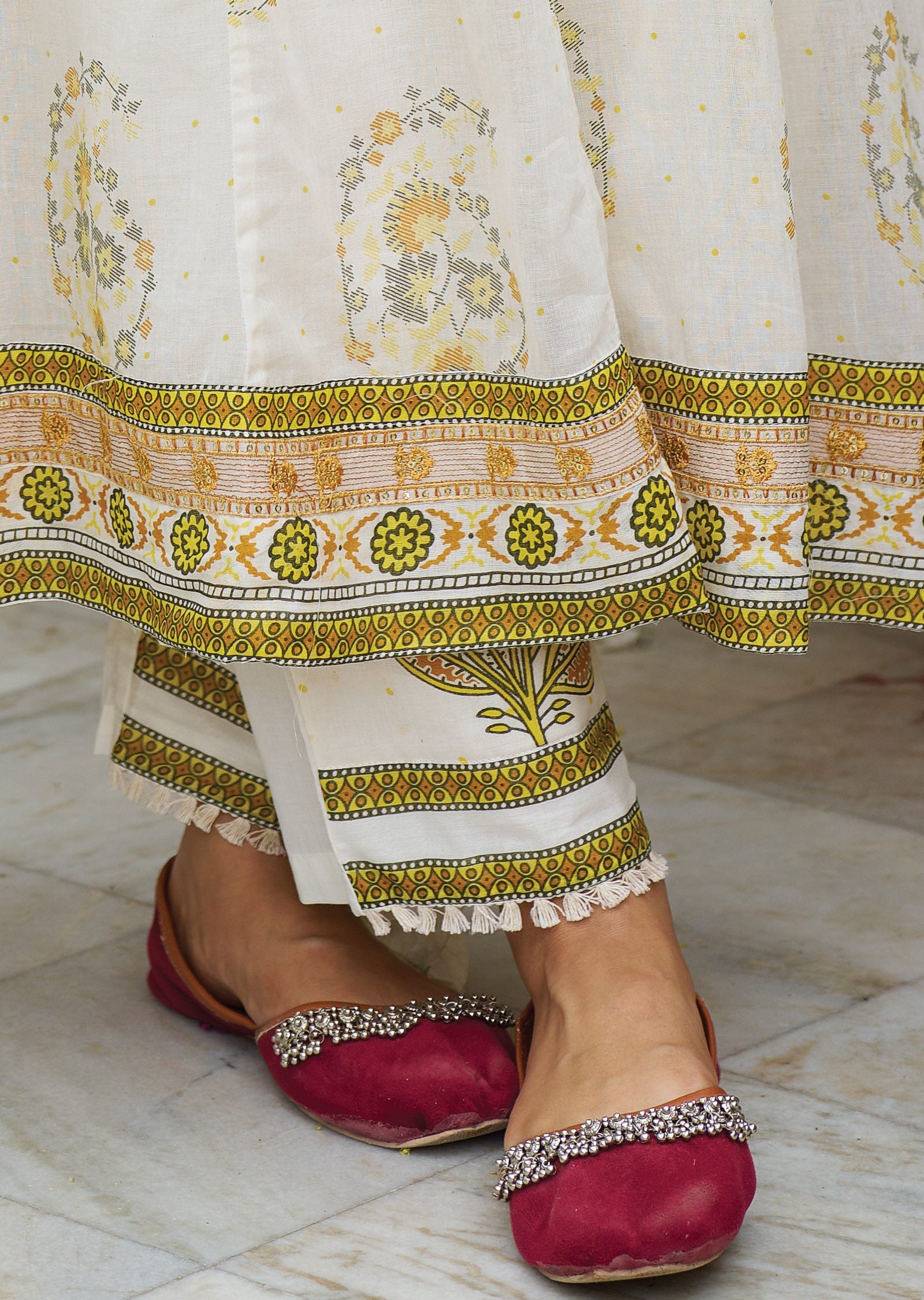 Off White & Yellow Cotton Anarkali Suit