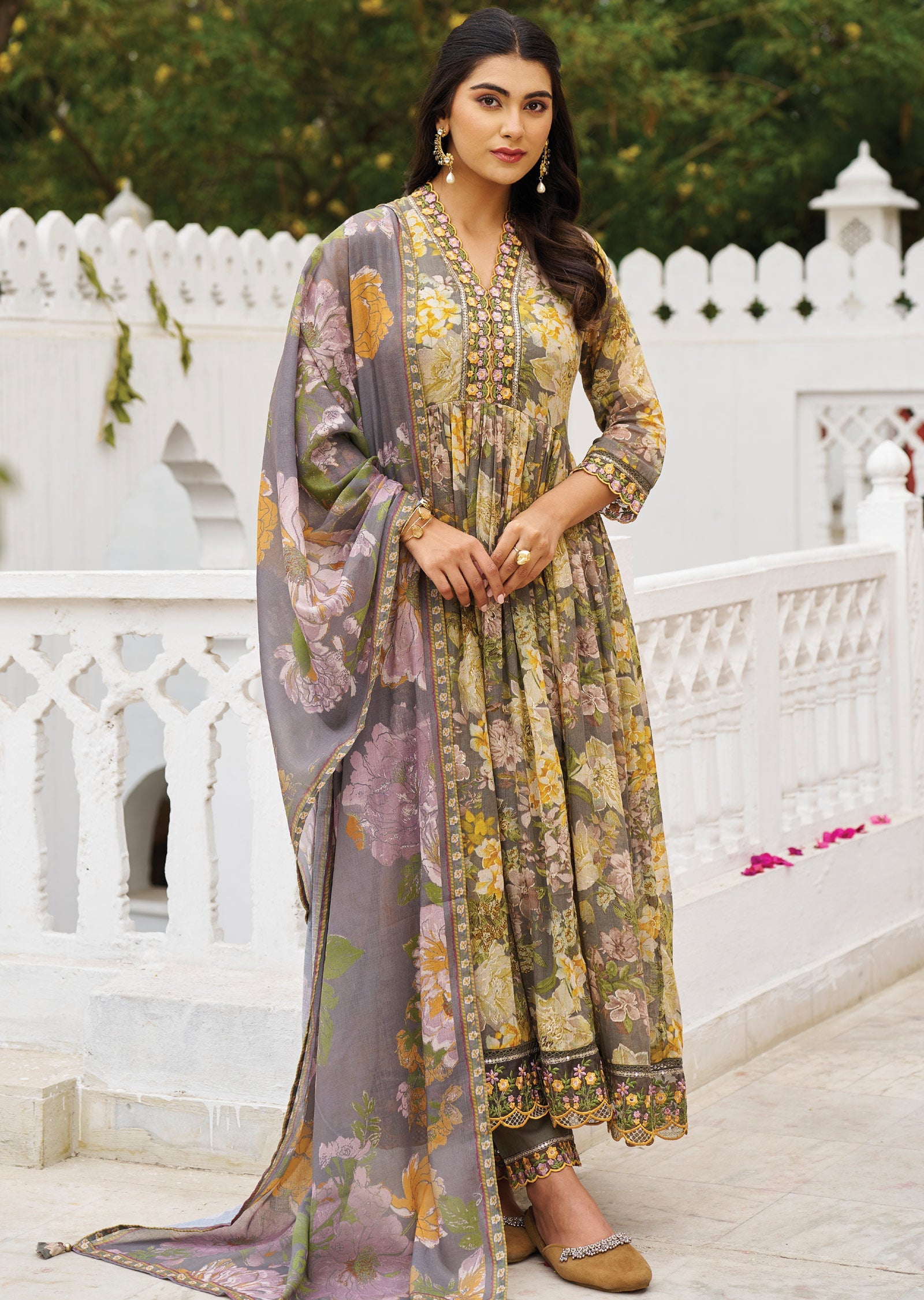 Grey Cotton Anarkali Suit