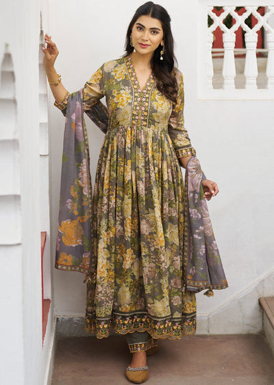 Grey Cotton Anarkali Suit