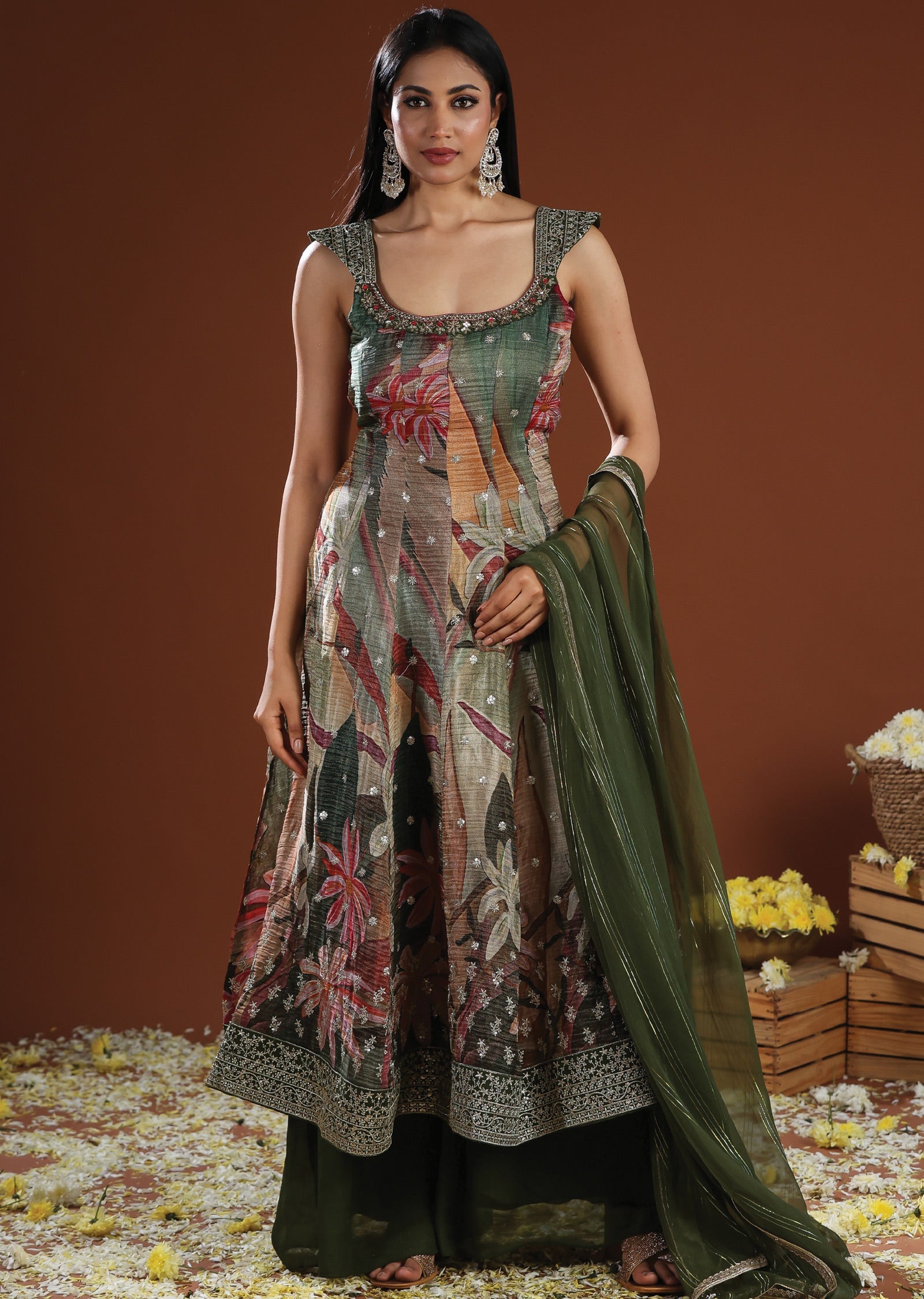 Mehendi Green Tissue Silk Anarkali Suit