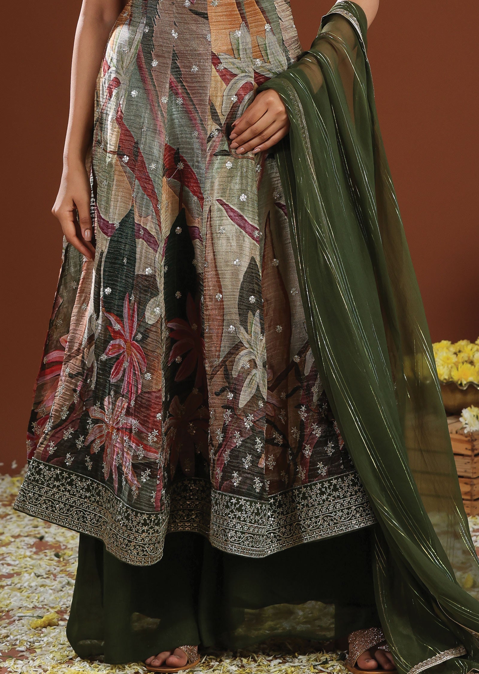 Mehendi Green Tissue Silk Anarkali Suit