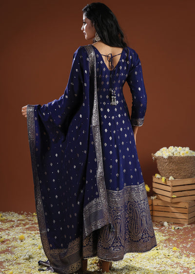 Navy Blue Banaras Silk Anarkali Suit