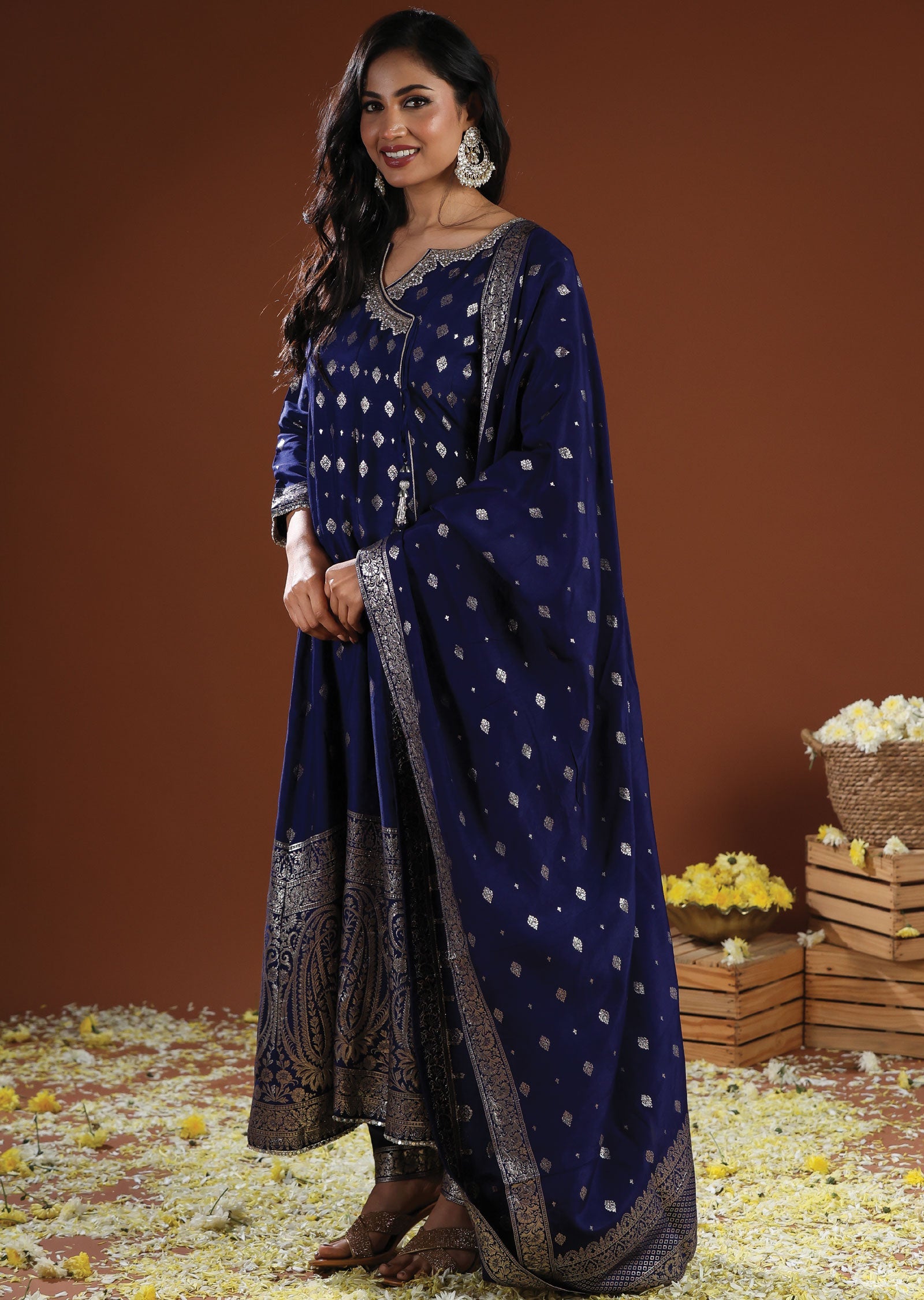 Navy Blue Banaras Silk Anarkali Suit