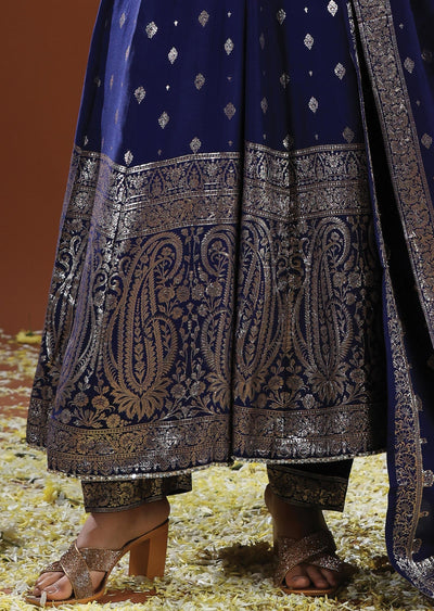 Navy Blue Banaras Silk Anarkali Suit