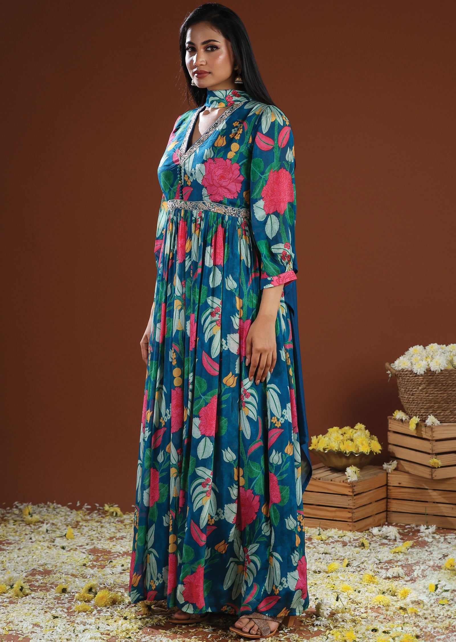 Rama Blue Chinnon Anarkali Suit
