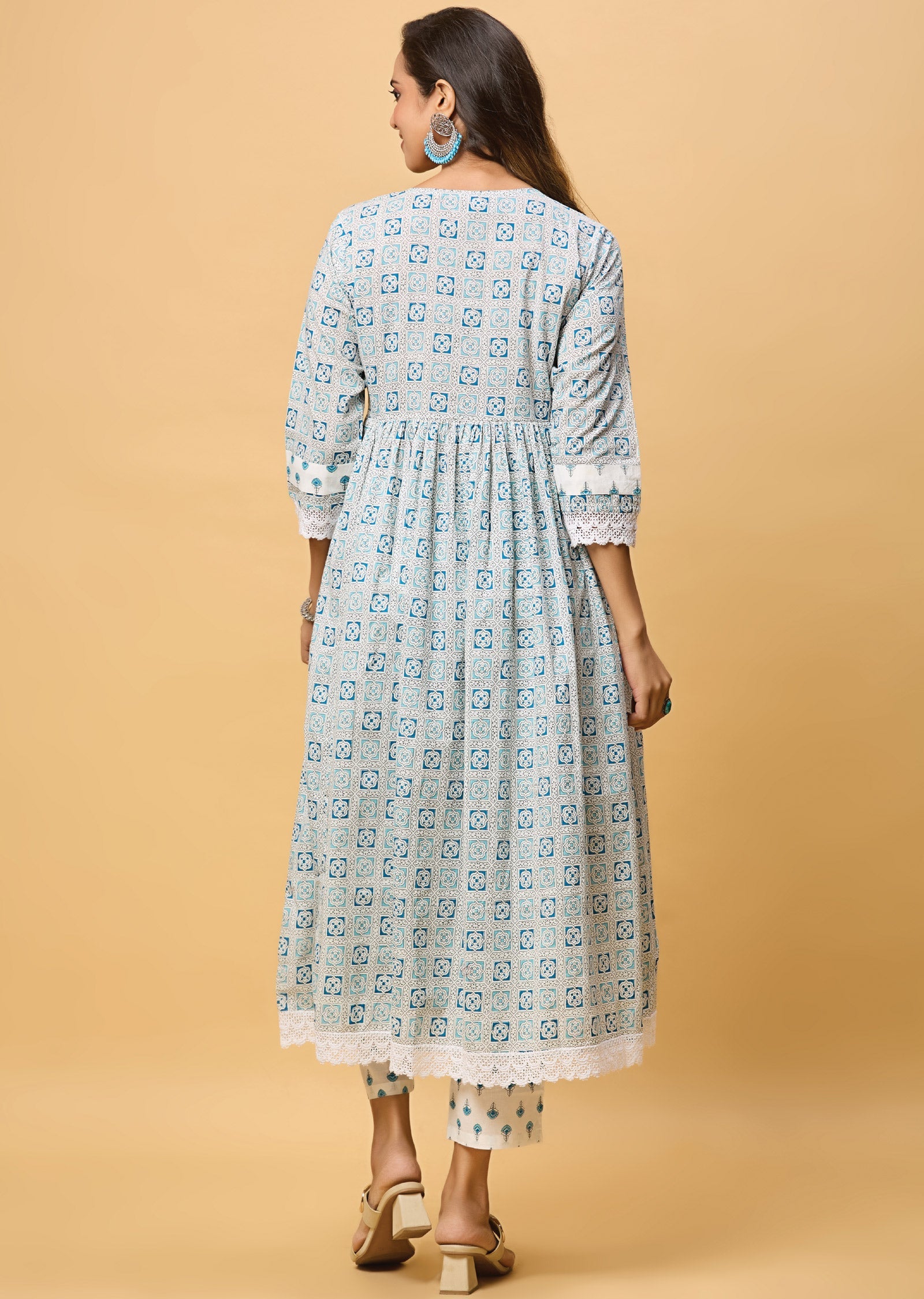 Off White & Blue Cotton Anarkali Suit