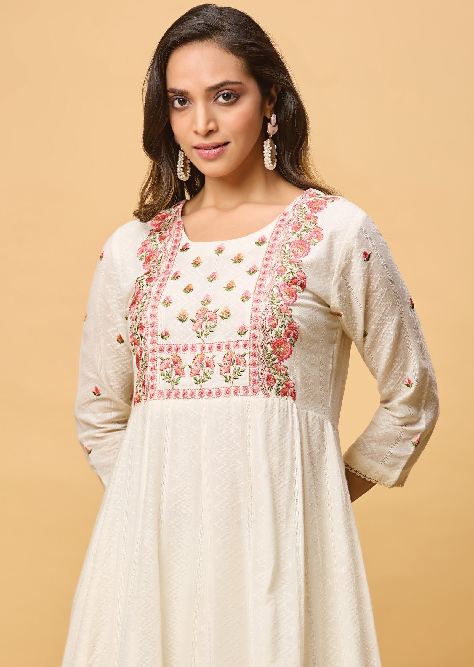 Off White Jacquard Cotton Anarkali Suit