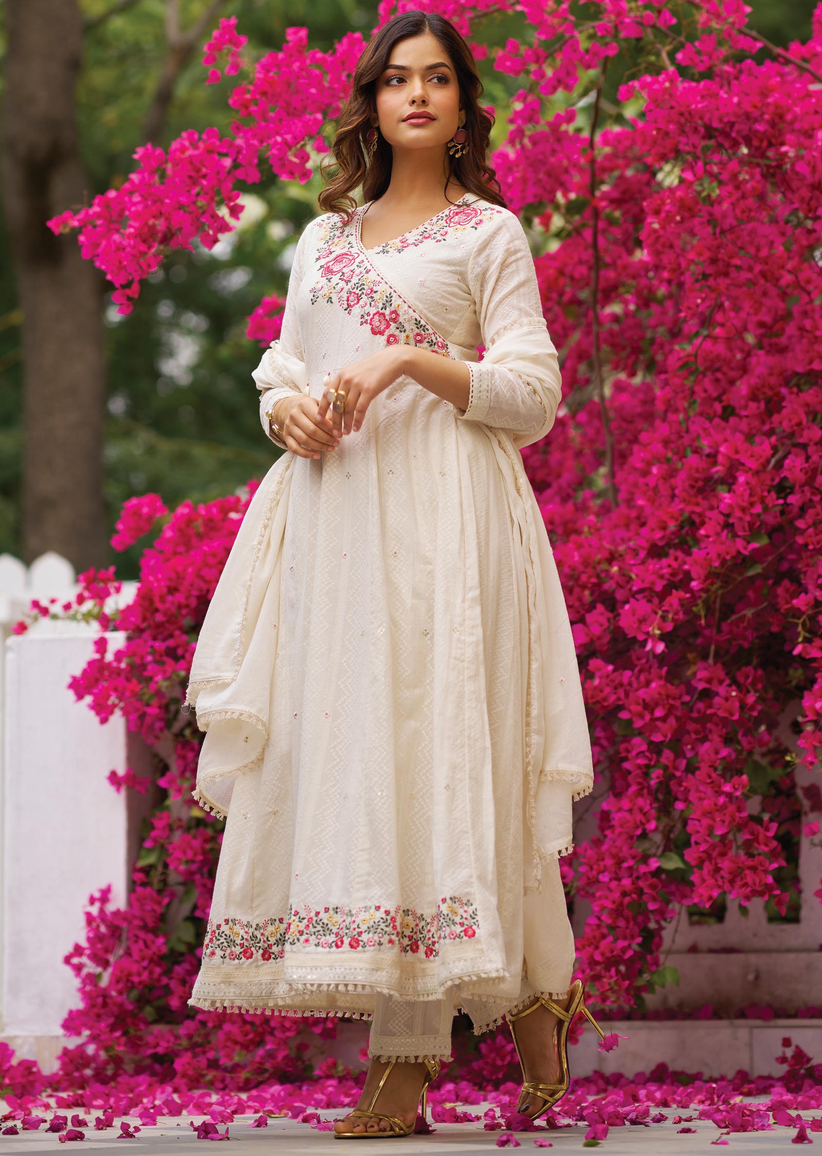 Off White Linen Cotton Anarkali Suit
