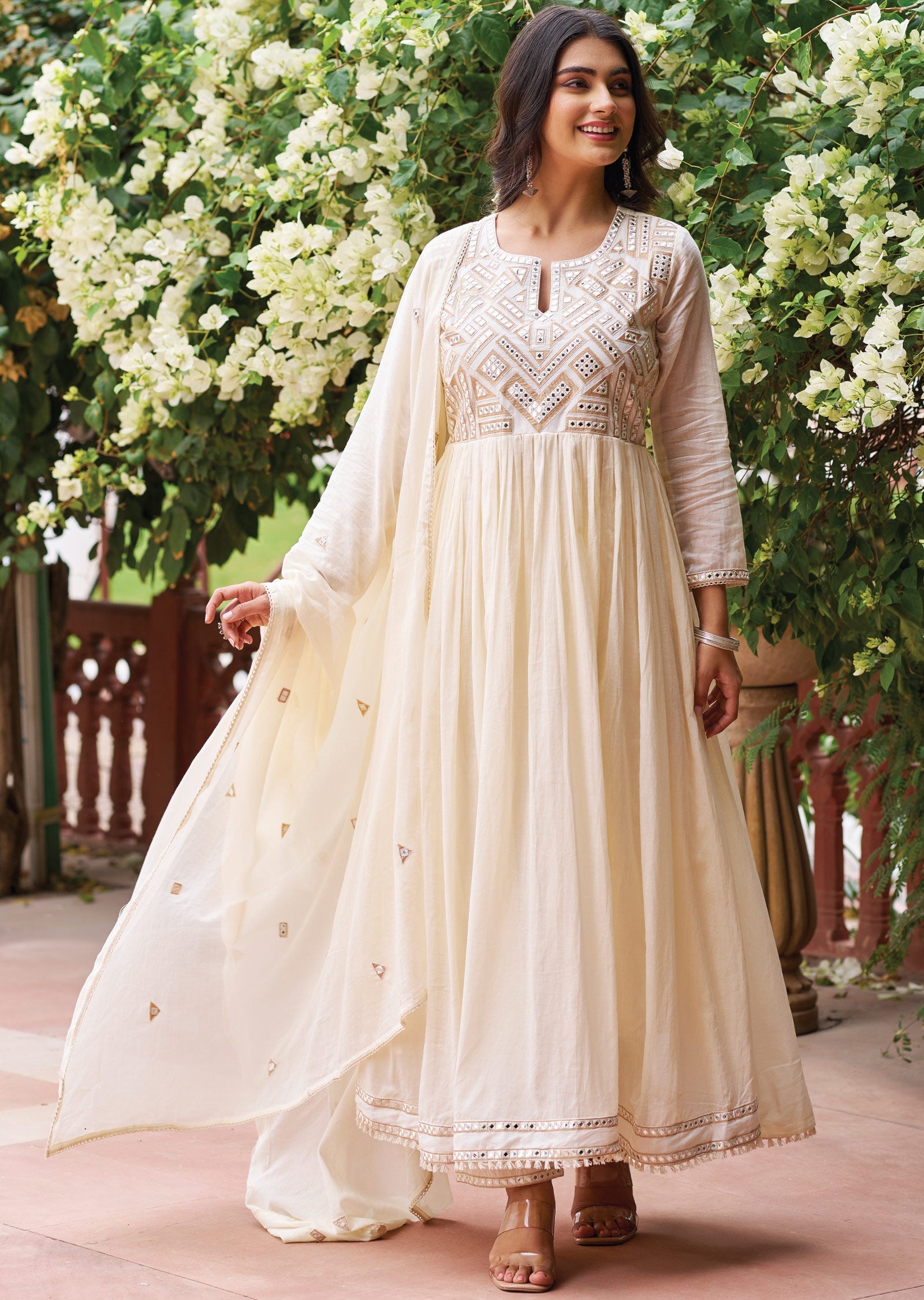 Off White Cotton Anarkali Suit