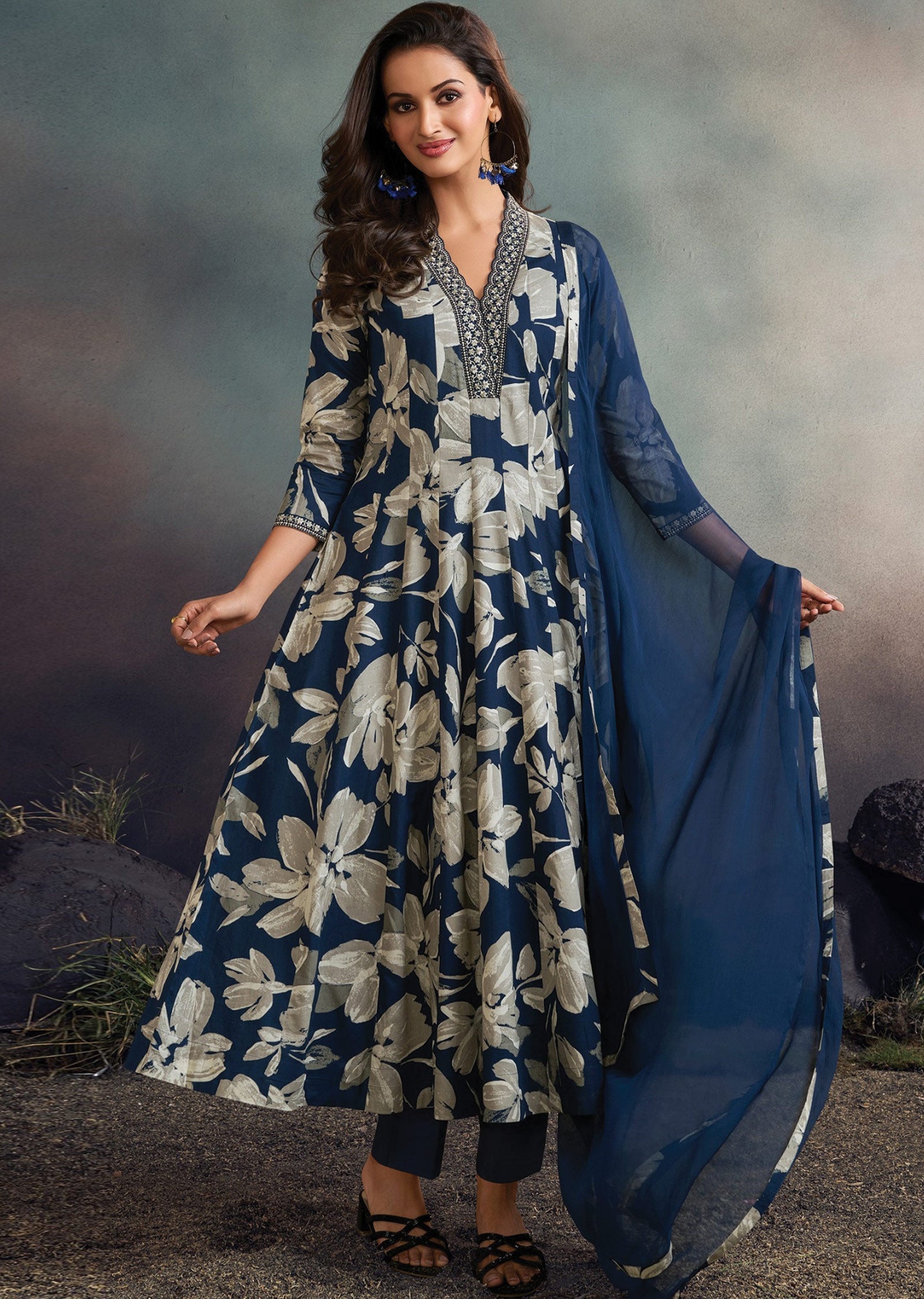Navy Blue Soft Silk Anarkali Suit