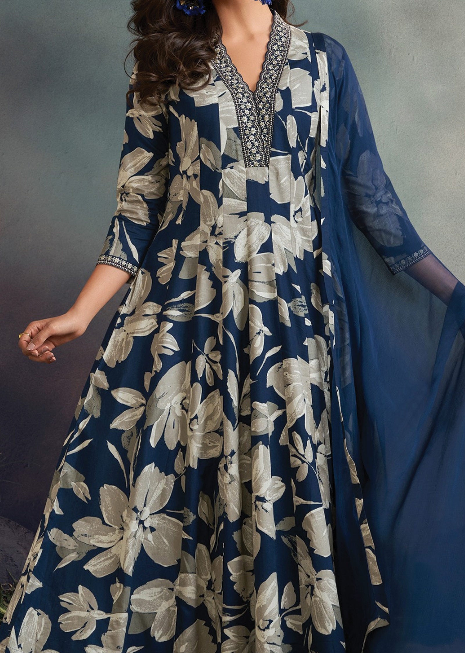 Navy Blue Soft Silk Anarkali Suit