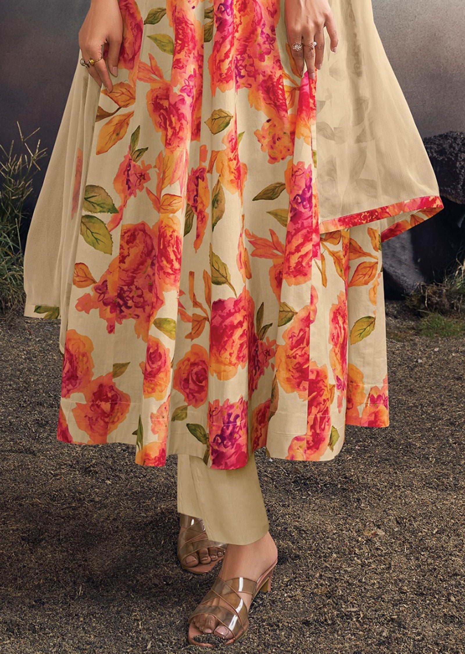 Cream Soft Silk Anarkali Suit