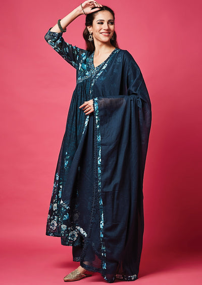 Teal Blue Cotton Anarkali Suit