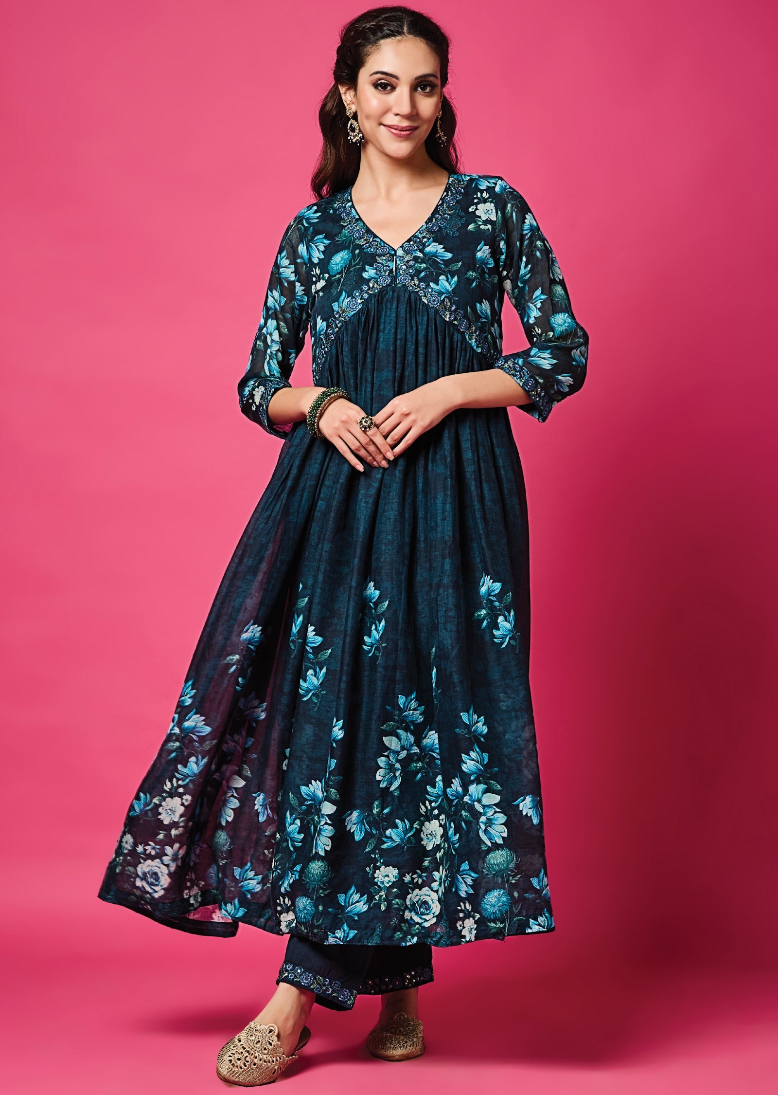 Teal Blue Cotton Anarkali Suit