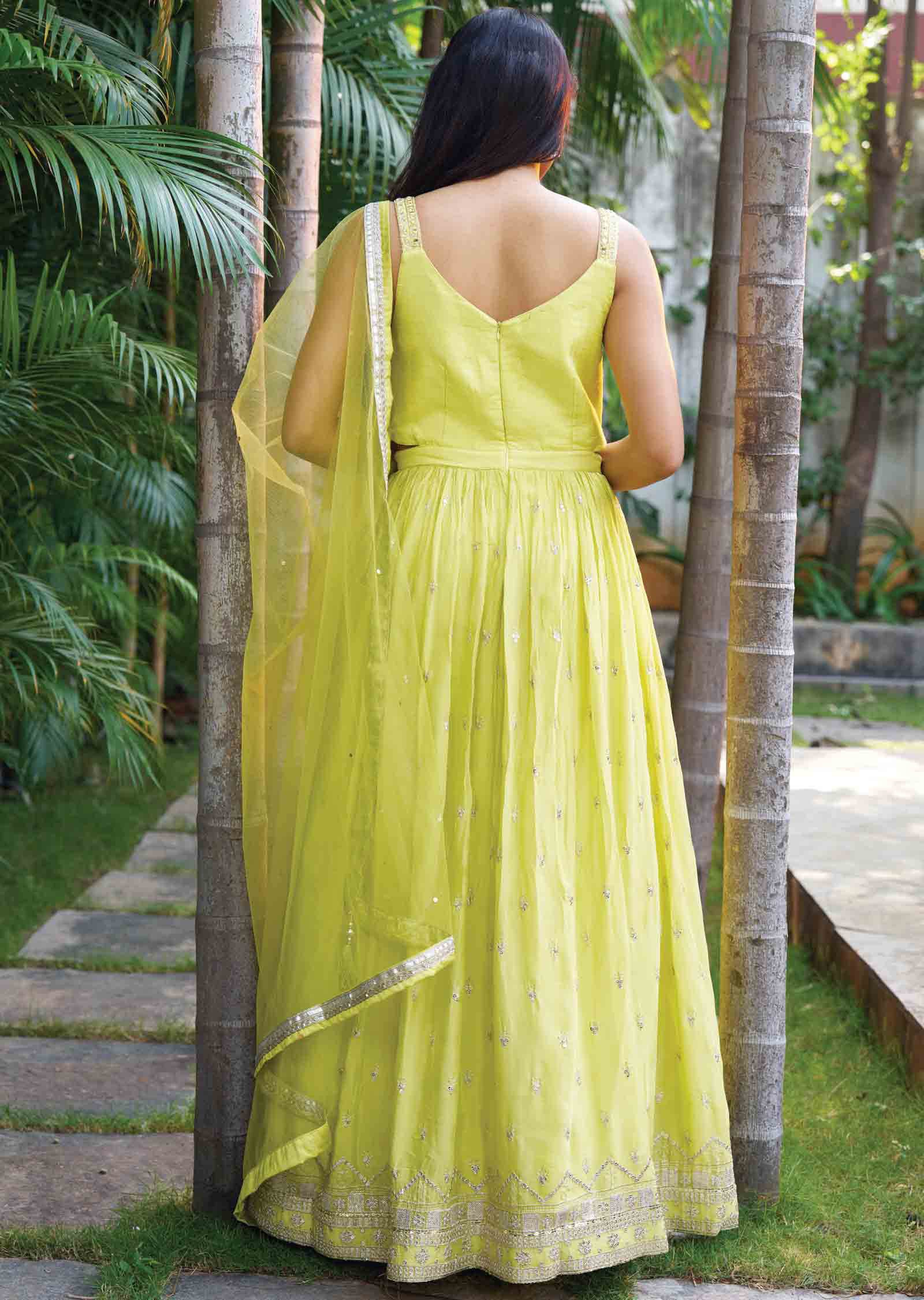 Lemon Green Chinnon Embroidered Anarkali