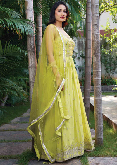Lemon Green Chinnon Embroidered Anarkali