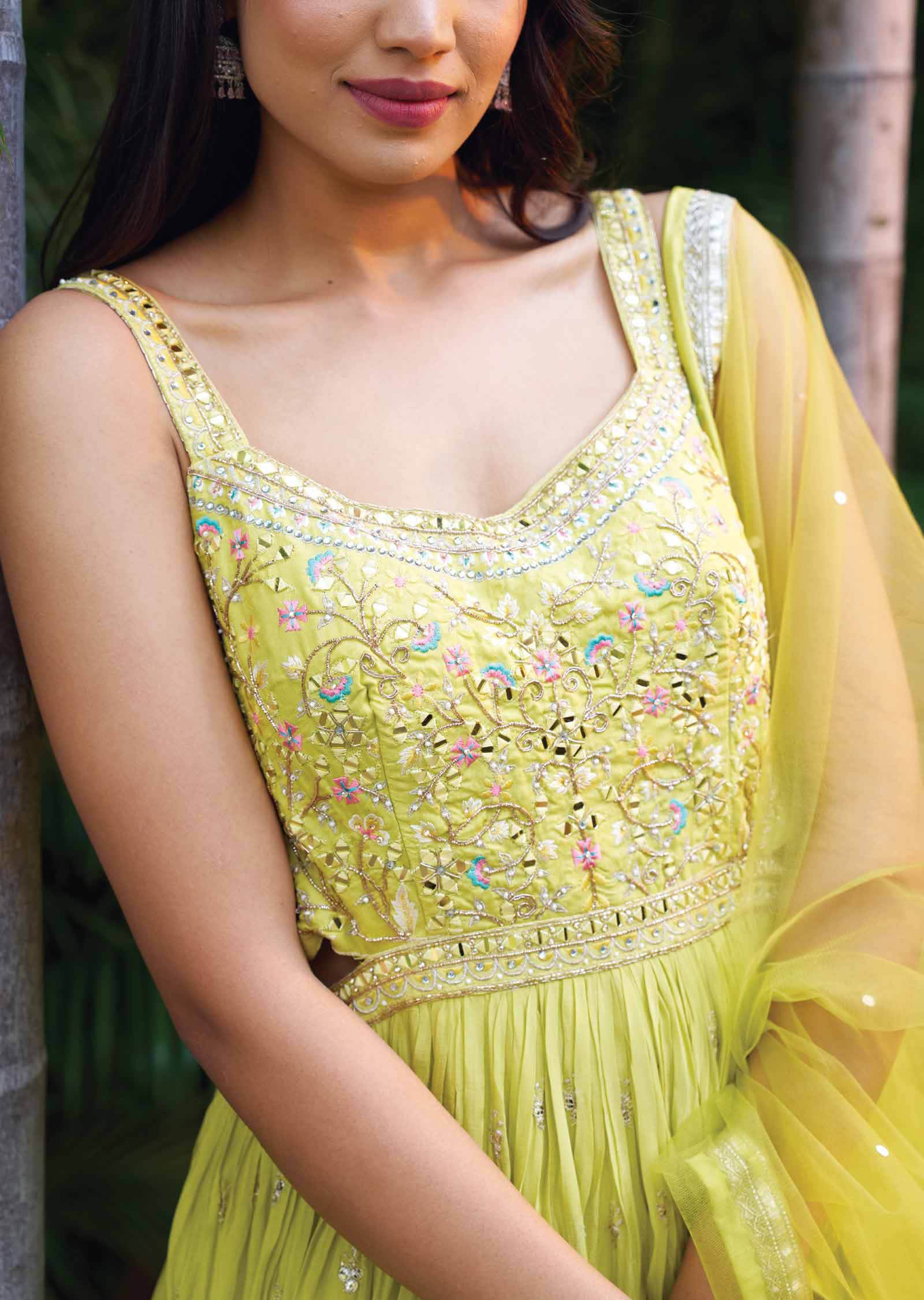 Lemon Green Chinnon Embroidered Anarkali