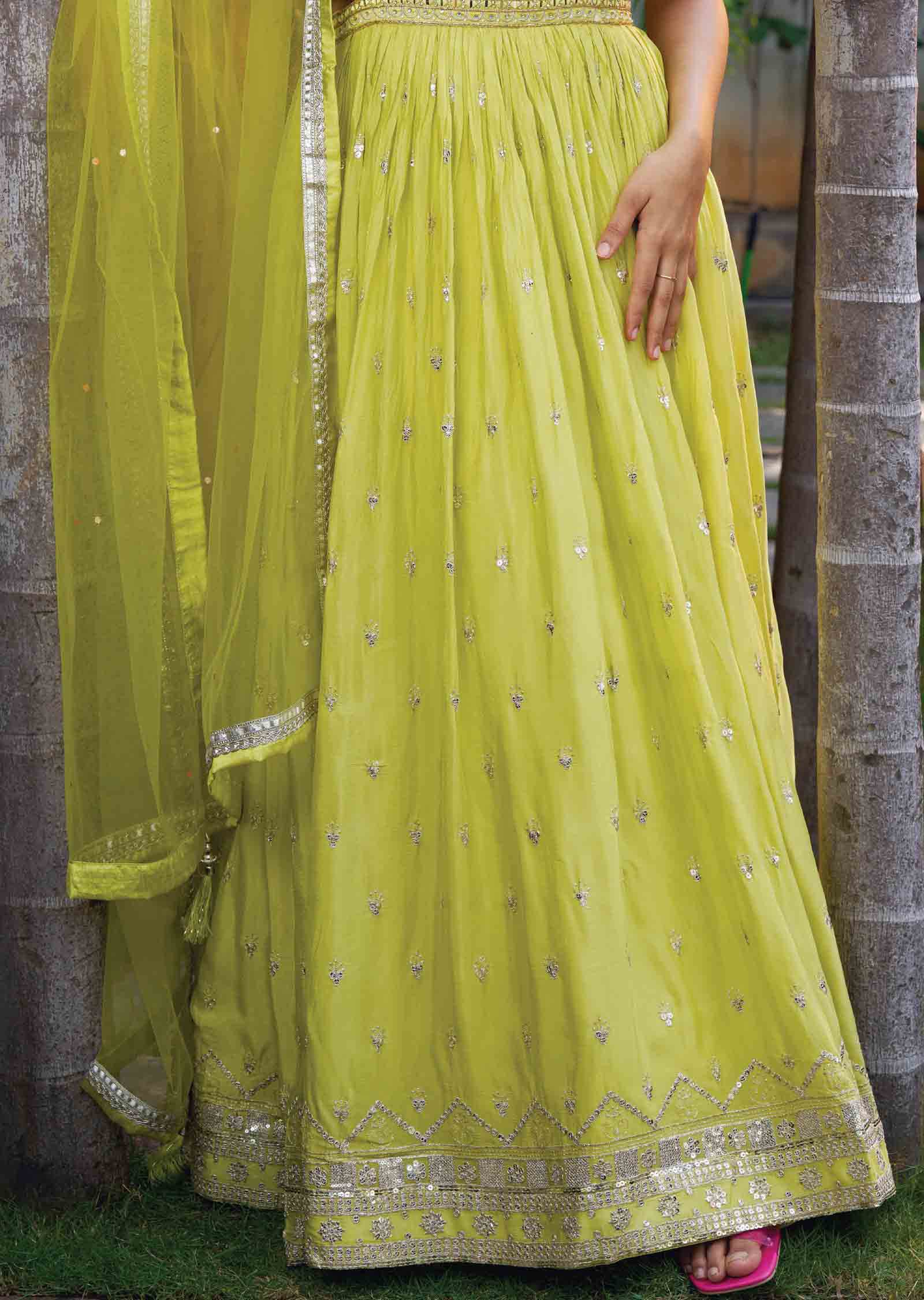 Lemon Green Chinnon Embroidered Anarkali