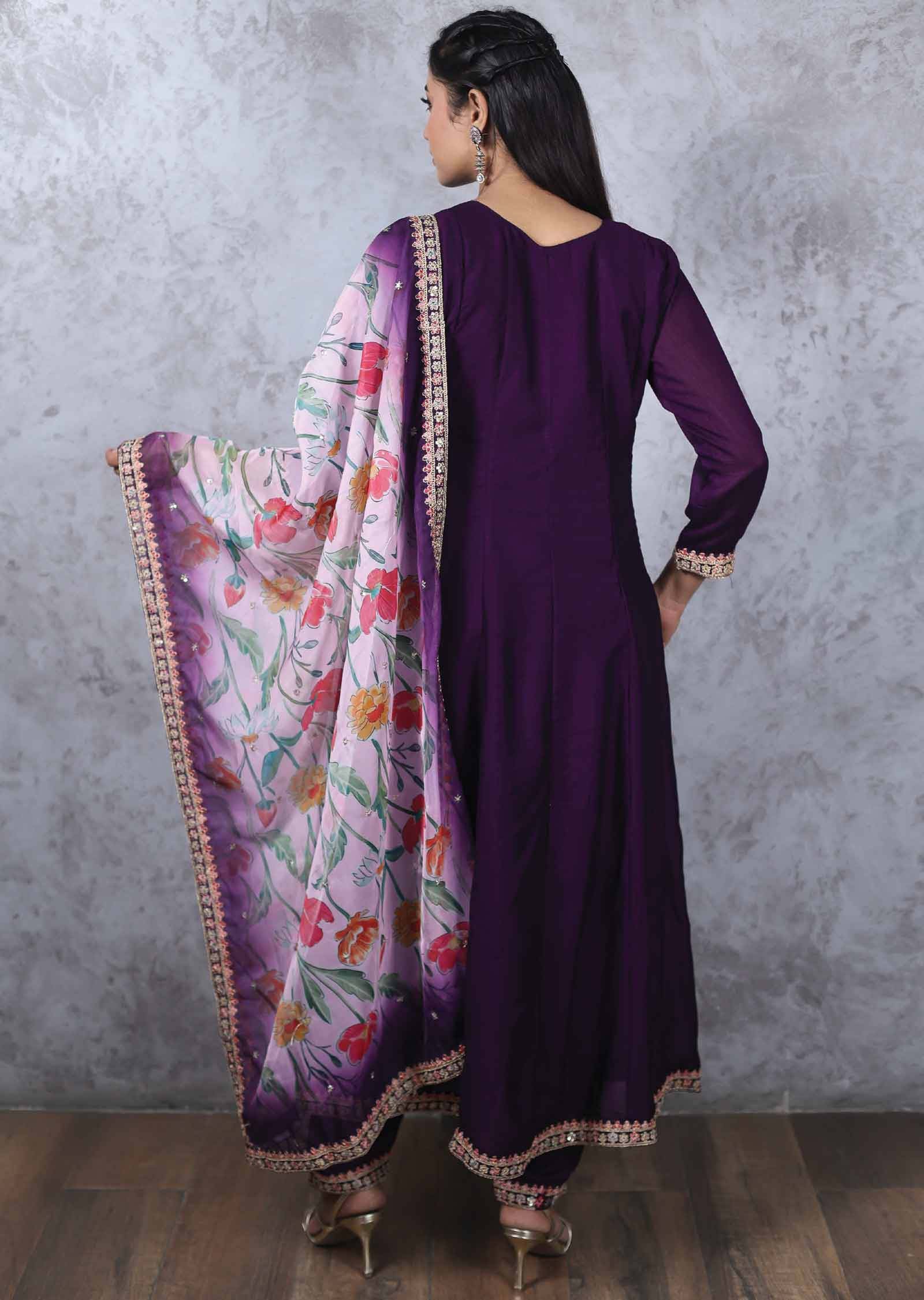 Dark Purple Silk Embroidered Anarkali