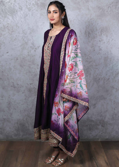 Dark Purple Silk Embroidered Anarkali