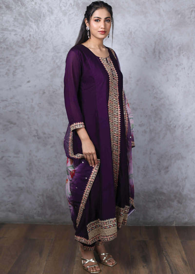 Dark Purple Silk Embroidered Anarkali